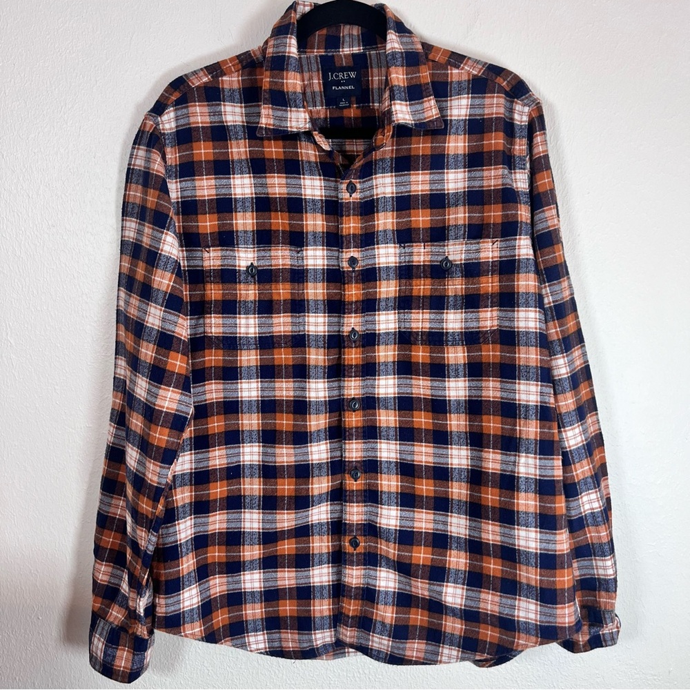 J. Crew Men's Orange Blue Plaid Flannel Button Down Shirt Size Large